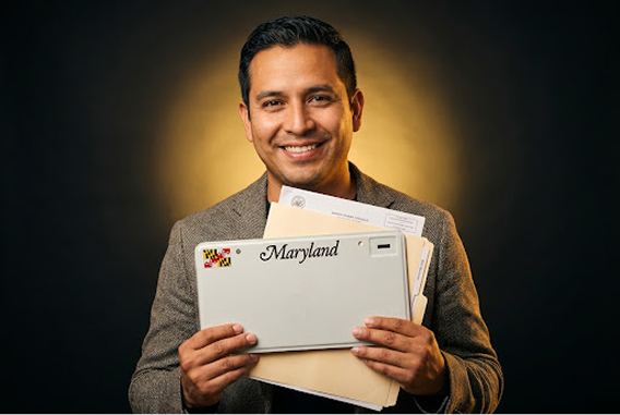 Persona latina sonriendo con sus placas de Maryland en mano
